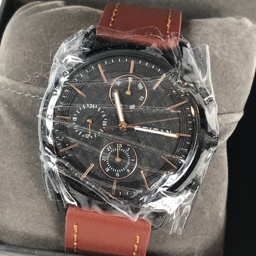 Titan Workwear NR1805NL01 Multifunction Black Dial Brown Leather Strap Watch